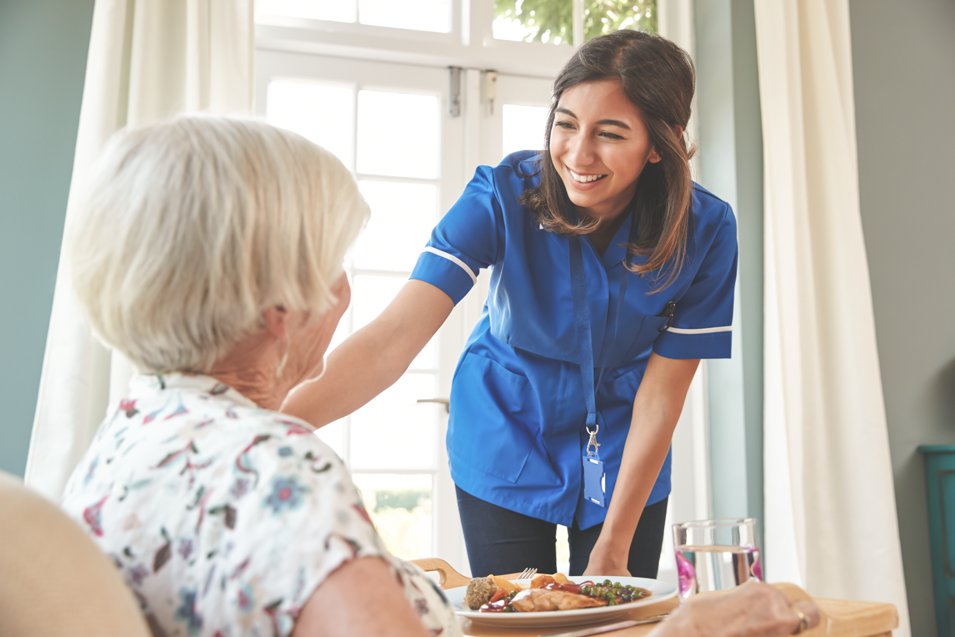 Care nurse serving dinner to a senior woman at home_The Difference Between Home Care and Home Health_Halcyon.png